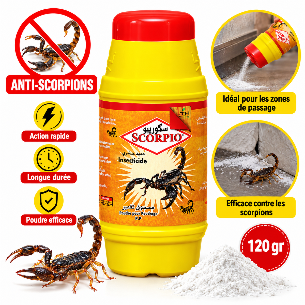 Flacon jaune à bouchon rouge de poudre insecticide SCORPIO PP LTH de 120 g avec illustrations de scorpions