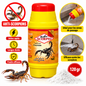 Flacon jaune à bouchon rouge de poudre insecticide SCORPIO PP LTH de 120 g avec illustrations de scorpions
