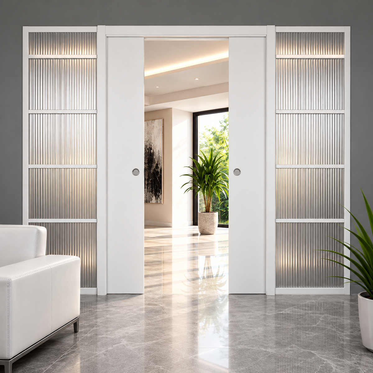 SCRIGNO 4198AQ1400 – système pour porte coulissante escamotable double 2 vantaux, 1400 × 2100 × 105 mm, pour libérer l’espace de débattement | SQES Tunisie
