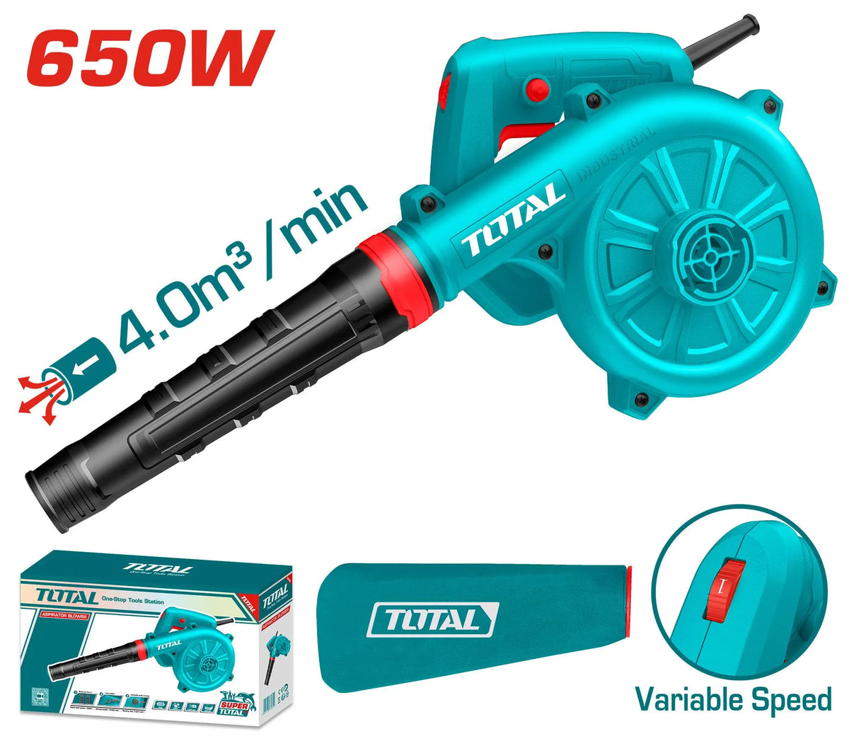 Souffleur aspirateur électrique TOTAL TB6036 650W – vitesse variable 0-16000tr/min, soufflage 3,5m³/min, sac à poussière inclus, jardin et chantier
