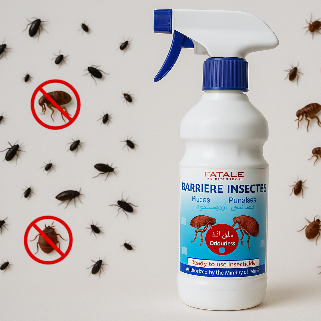 Spray anti-puces et punaises avec insectes en arrière-plan