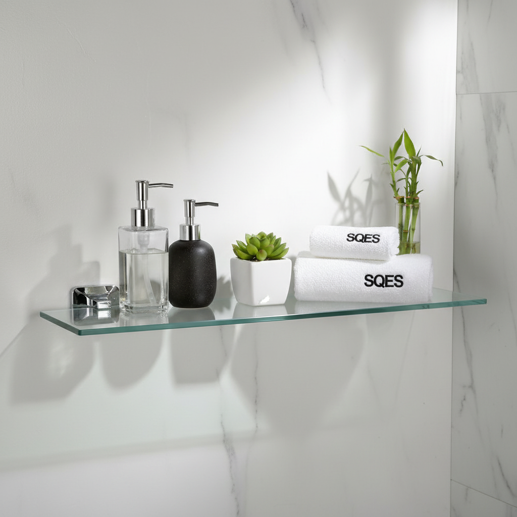 Étagère en verre chrome avec accessoires de salle de bain