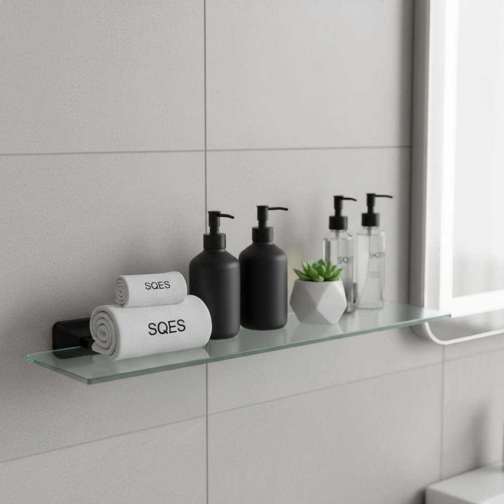 Étagère en verre UNO noir avec produits organisés et serviettes SQES
