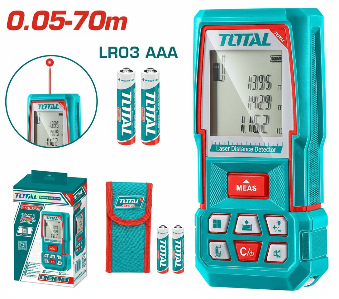 Télémètre laser TOTAL TMT57026 – portée 0,05-70m, précision ±2mm, fonction Pythagore, calcul surfaces et volumes, étui inclus
