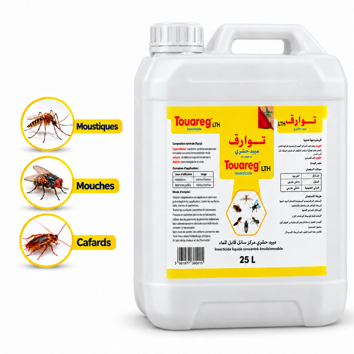 Bidon blanc d’insecticide concentré TOUAREG LTH de 25 L avec poignée et illustrations de moustique, mouche et cafard