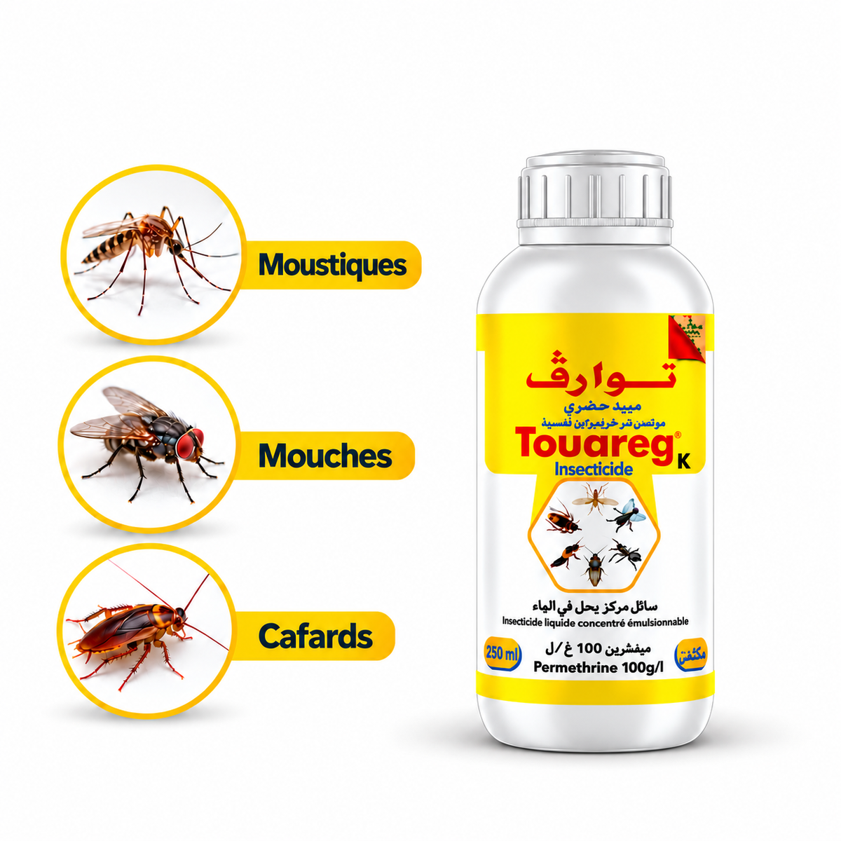 Flacon blanc d’insecticide concentré TOUAREG LTH de 250 ml avec illustrations de moustique, mouche et cafard
