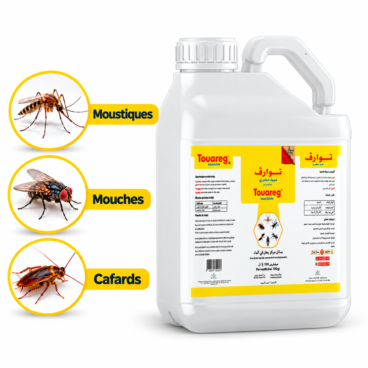 Bidon blanc d’insecticide concentré TOUAREG LTH de 5 L avec poignée et illustrations de moustique, mouche et cafard