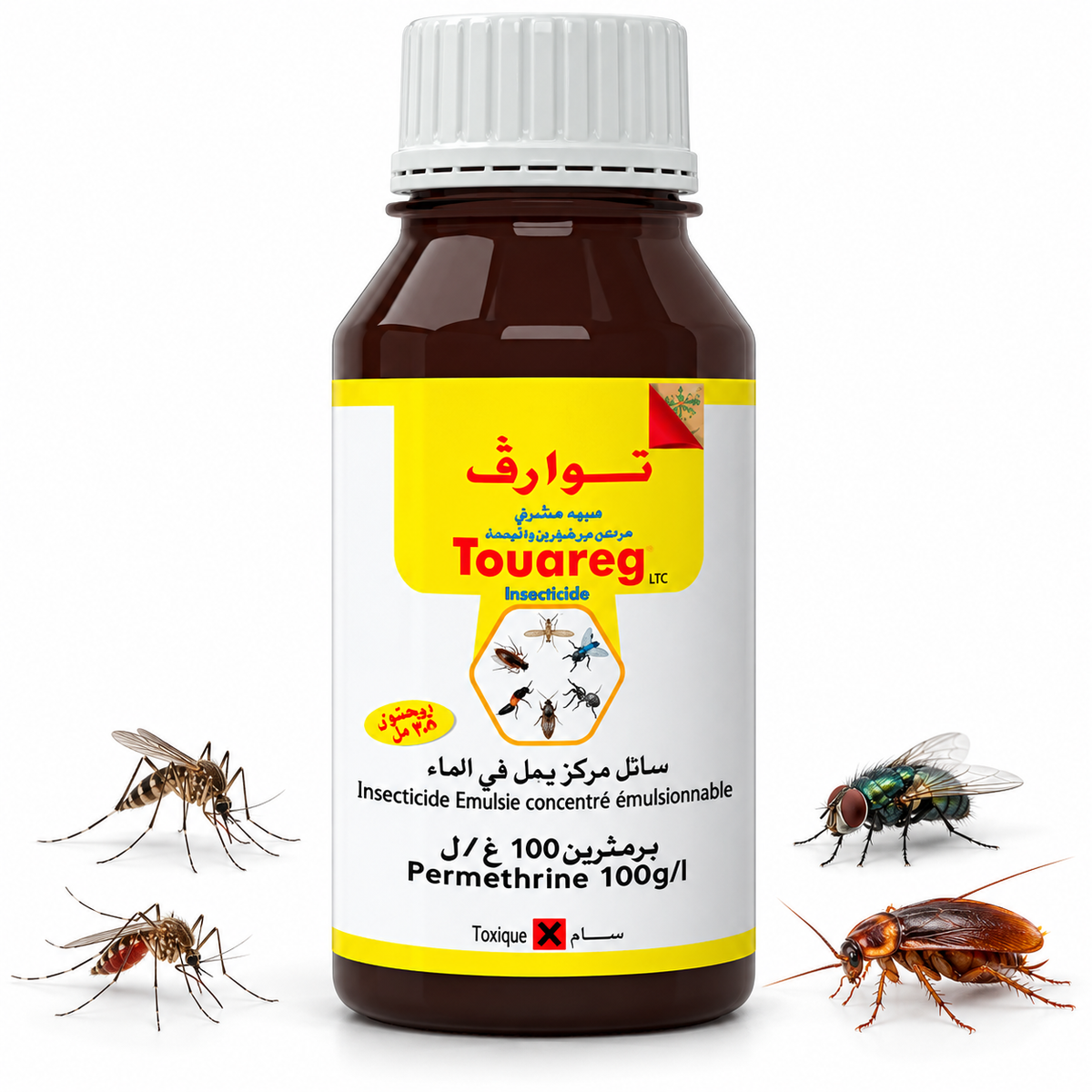 Flacon brun d’insecticide concentré TOUAREG LTH de 60 ml à bouchon blanc, avec illustrations de moustiques, mouche et cafard