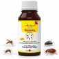 Flacon brun d’insecticide concentré TOUAREG LTH de 60 ml à bouchon blanc, avec illustrations de moustiques, mouche et cafard