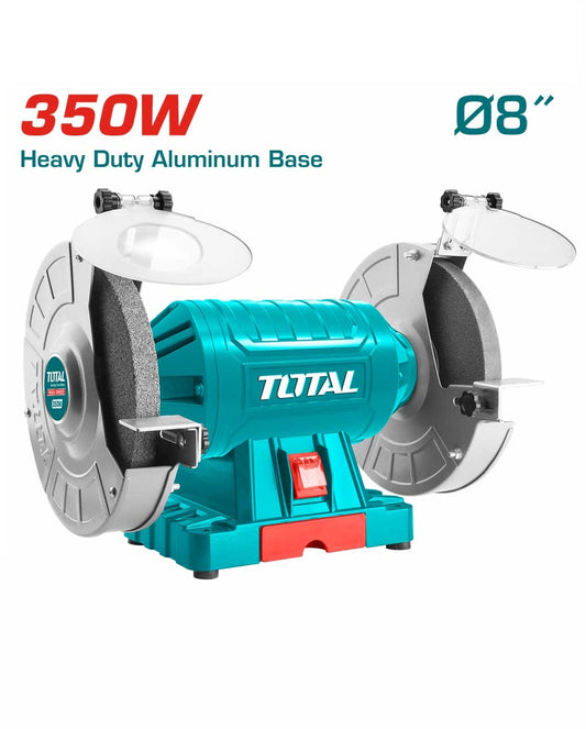 Touret à meuler TOTAL TBG35020 350W – meule Ø200mm (8"), 2950tr/min, base aluminium robuste, support réglable, lunettes de protection incluses
