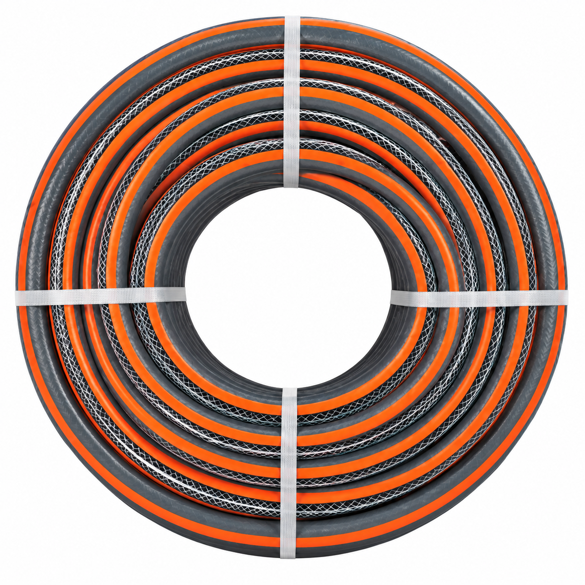 Tuyau d’arrosage gris disponible en rouleaux de 25 et 50 mètres, formats 5/8 et 3/4.
