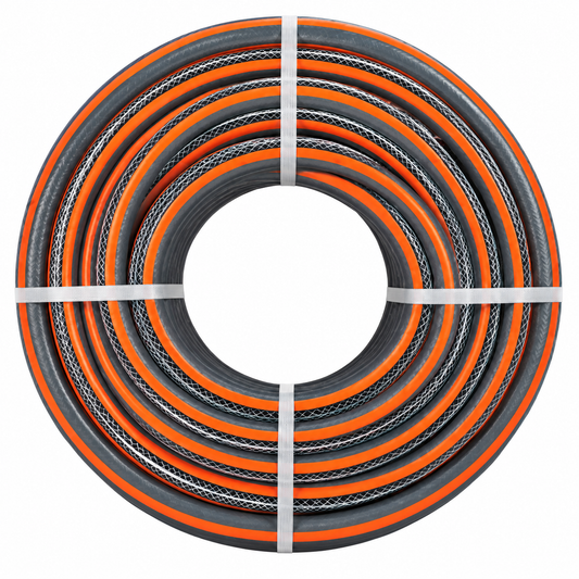 Tuyau d’arrosage gris disponible en rouleaux de 25 et 50 mètres, formats 5/8 et 3/4.

