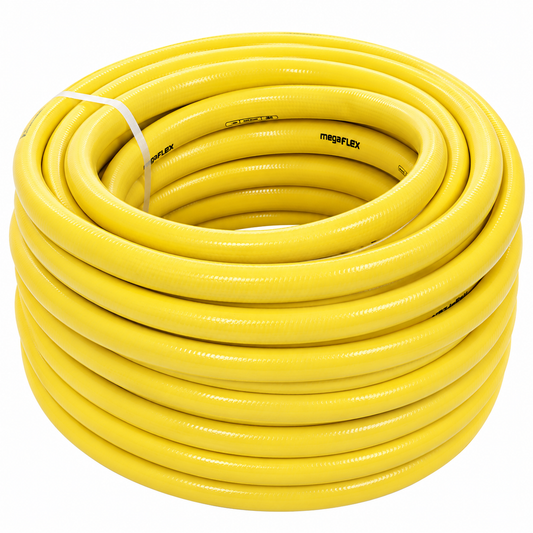 Tuyau d’arrosage jaune 15/19 conditionné en rouleau de 50 mètres.
