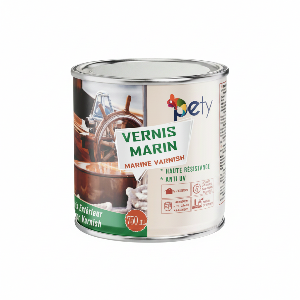 Vernis marin PETY 750ml – protection bois filtre UV et résistant chlore, 5 ans durabilité, finition brillant ou satiné, idéal bateaux et piscines

