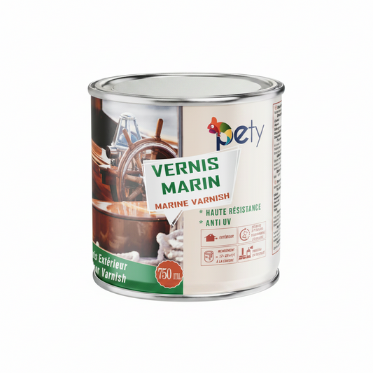 Vernis marin PETY 750ml – protection bois filtre UV et résistant chlore, 5 ans durabilité, finition brillant ou satiné, idéal bateaux et piscines
