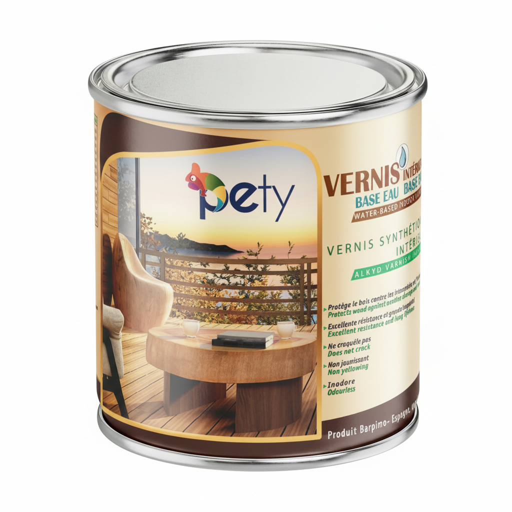 Vernis synthétique intérieur base eau PETY 750ml – finition mat ou brillant, séchage rapide, résistant rayures et liquides, idéal meubles et escaliers
