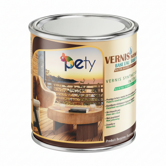 Vernis synthétique intérieur base eau PETY 750ml – finition mat ou brillant, séchage rapide, résistant rayures et liquides, idéal meubles et escaliers

